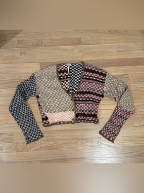 Free People Patchwork Multicolored Cropped Cardigan, Size Small